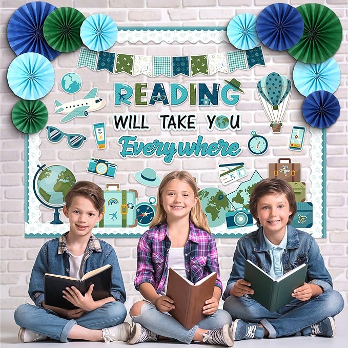 Eersida Spring Bulletin Board Decorations with Paper Fans St Patricks Day 3D Classroom Bulletin Board Christian Easter Flower Bunny Cutouts School VBS Library Church Window Wall Decor(Travel)