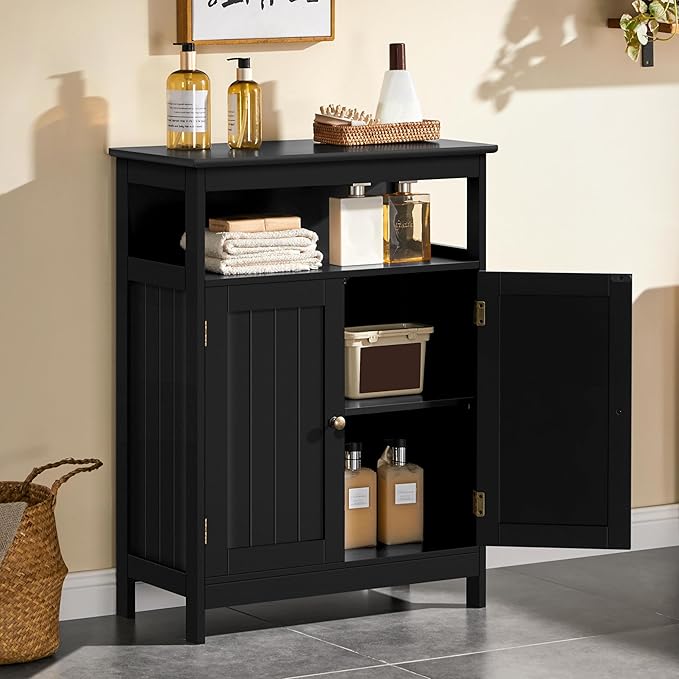 Yaheetech Bathroom Storage Cabinet, Wooden Free Standing Storage Organizer with 2 Doors & 1 Open Compartment, Adjustable Shelf,Floor Cabinet for Bathroom, Living Room, Hallway, Black