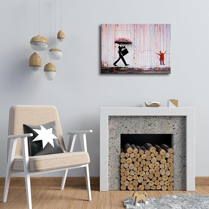 Wieco Art Banksy Raining Day or Colorful Graffiti Street Famous Canvas Prints Wall Art Modern Inspirational Grey Love Pictures Print Artwork for Kitchen Home Office Decor