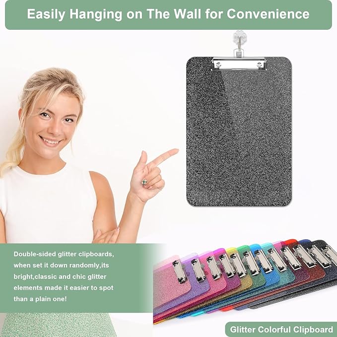 SFLHHDM Clear Glitter Clipboards, Plastic Clipboard with Pen Holder, Clip Boards 8.5x11 with Low Profile Clip, Cute Hanging Clip Board for Office School Supplies Sparkly Clipboard (Ink Black)