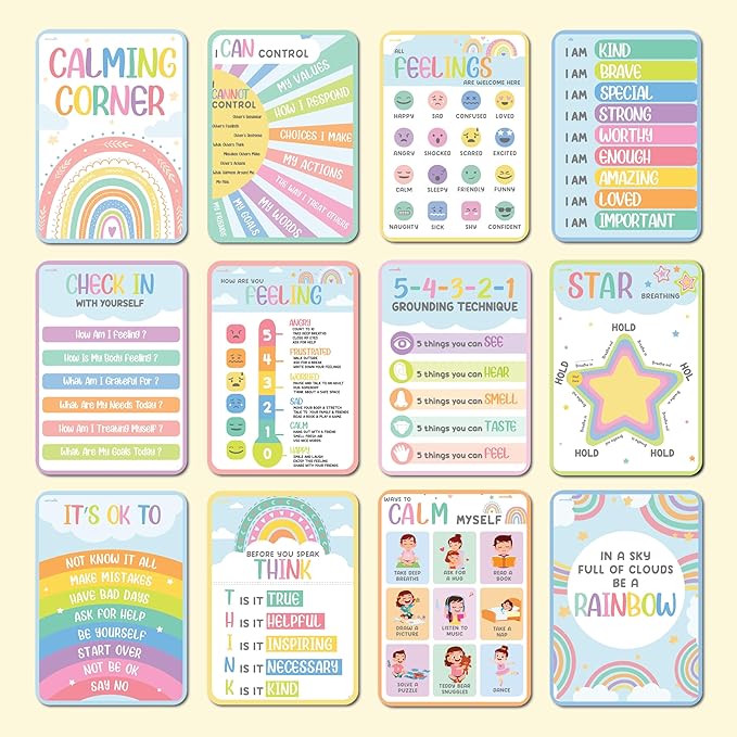jackinthebox 12 Calming Corner Posters with Gold Foil Embedded Stars - 12 x 17 inches Laminated Classroom Decor Posters, Calm Down Corner Supplies, Emotions Charts for Kids, Easter Gifts for Kids.