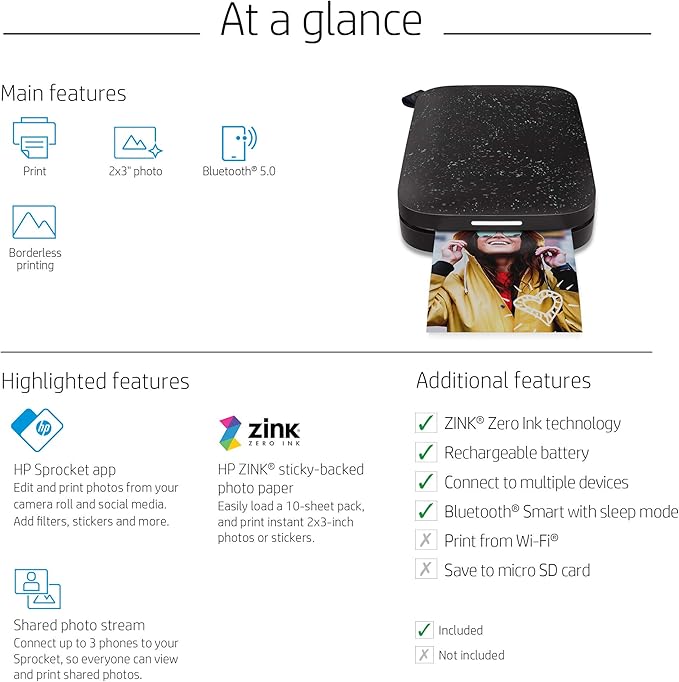 HP Sprocket 2x3 Instant Smartphone Photo Printer 75 Sheets Bundle - Bluetooth Portable Color Wireless Mobile Printer (Black) Zink Sticky-Back Photos