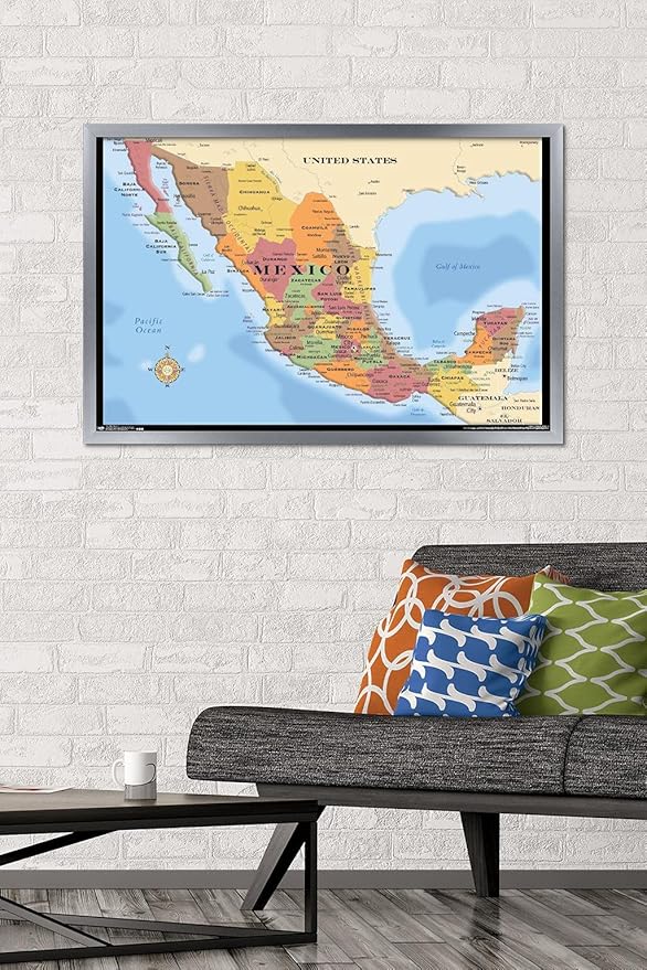 Trends International Map - Mexico Wall Poster, 22.375" x 34", Silver Framed Version