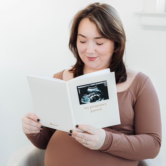 Pearhead Pregnancy Journal, Linen Guided Pregnancy Memory Book with Sonogram Photo Insert, Beige