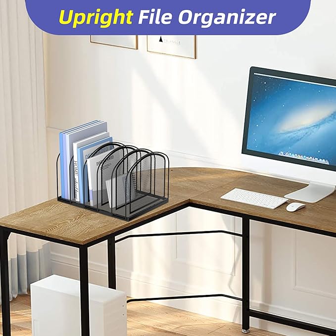 SUPEASY File Organizer for Desk, 5-Section Mesh Desk Organizer, Vertical File Holder Desktop Organizer File Sorter, File Folder Holder for Office Supplies, Black