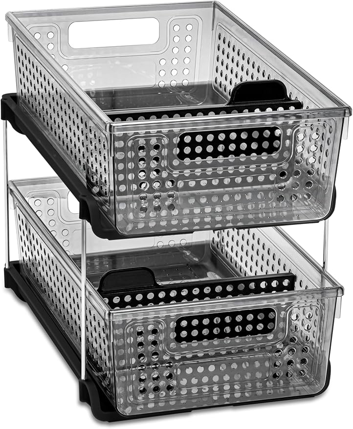 madesmart Premium 2 Tier Organizer, Undersink Storage with Pull Out Sliding Drawers, for Cleaning Supplies, Pantry, Sponges, Bottles, Adjustable Dividers & Pull Out Sliding Baskets, Smoke