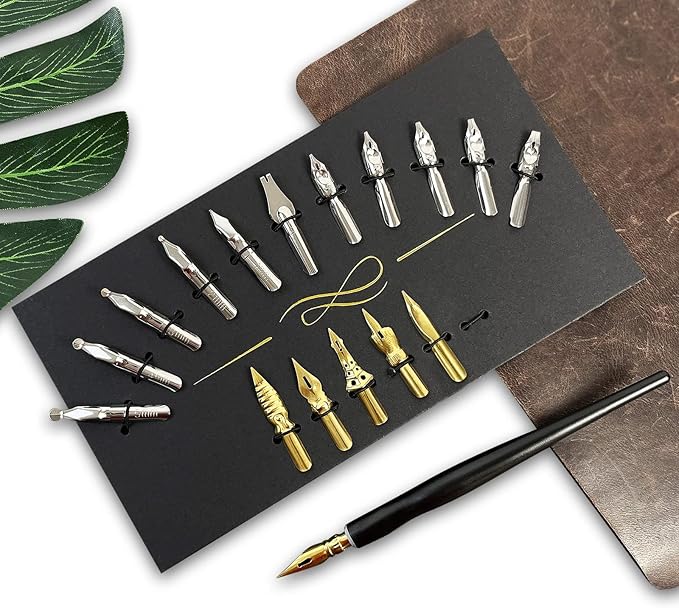 Calligraphy Pens Set - 17 Pieces Stainless Steel Calligraphy Pen Nibs with 1 Piece Nib Holder for Writing Painting Signing