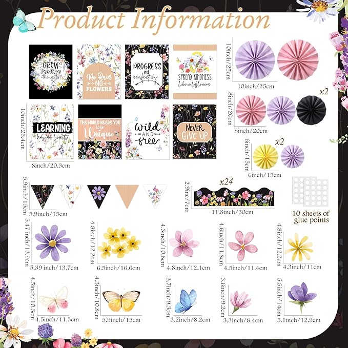 Pajean 62 Pcs Wildflower Classroom Bulletin Board Decorations with 3D Paper Fans Inspirational Posters Cutouts Floral Positive Bulletin Board Set Motivational for School Classroom Home Decorations