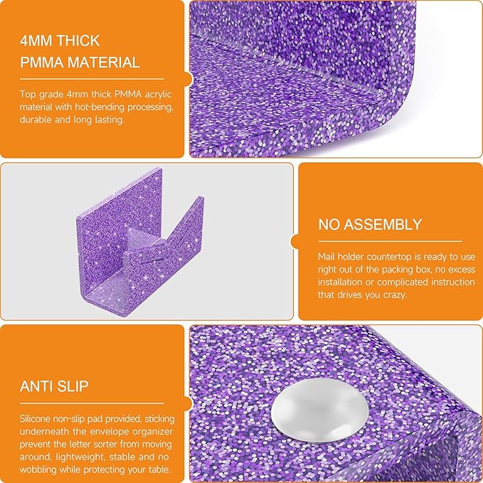 Beego Envelope and Mail Organizer Countertop - Glitter Purple Acrylic Desk Organizer Letter Holder Desktop File Sorter Bill Document Folder Rack for Office, Home, School Desk Organization