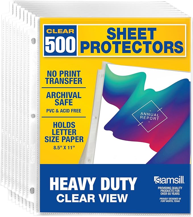 Samsill 500 Pack Heavy Duty Sheet Protectors, Crystal Clear, 8.5x11 Inch Page Protectors for 3 Ring Binder, Letter Size Protectors, Reinforced Holes, Clear Document Sleeve, Top Loading, Acid Free