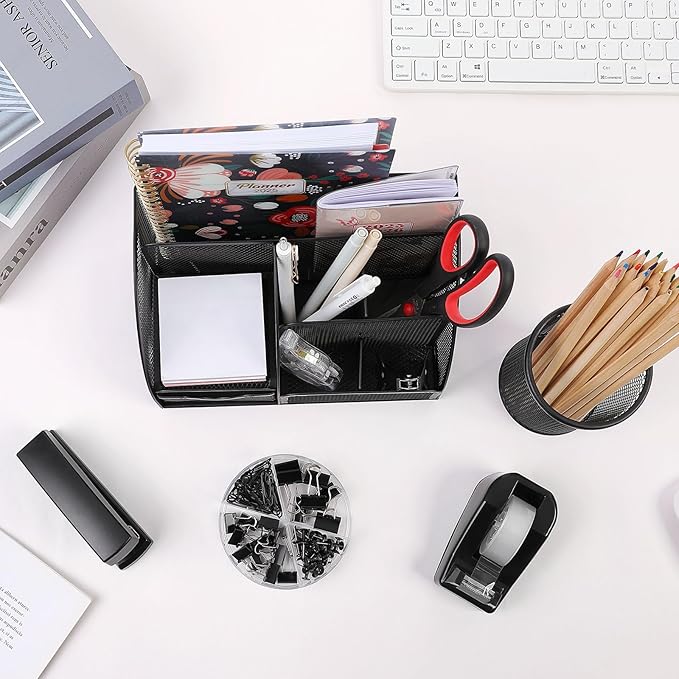 SKYDUE Black Office Supplies, Mesh Desk Organizer, Stapler, Tape Dispenser, Scissors, Binder/Paper Clips and 1000pcs Staples, Desk Supplies Set