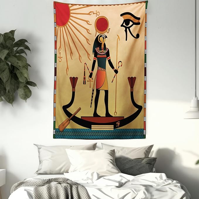 Ambesonne Egyptian Print Tapestry, Sun Old Egyptian Timeless Grace Antique Tradition Illustration, Wall Hanging for Bedroom Living Room Dorm Decor, 60" X 80", Cream Red