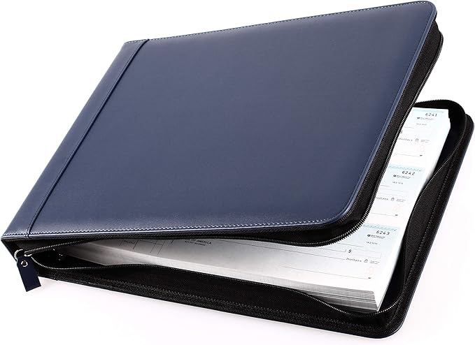 2Fold Zippered Business Checkbook Binder - 7 Ring Binder for Business Checks with Built-in Organizer and Card Case - PU Leather Portfolio for up to 600 3-Up Checks (Blue)