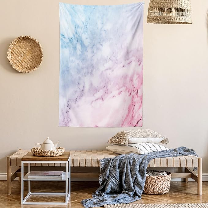 Ambesonne Marble Print Tapestry Queen Size, Pastel Toned Cloudy Crack Lines Stained Antique Shabby Design, Wall Hanging Bedspread Bed Cover Wall Decor, 88" X 88", Pink