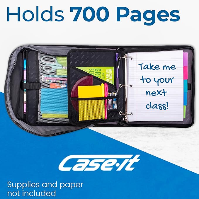 Case-it The Dual 2.0 2-in-1 Zipper Binder | Two 2-Inch D-Rings, 700 Sheet Capacity, 5-Subject Expanding File Folder, Multiple Pockets & Storage Organizer, Shoulder Strap | Dual-301 Black | 6 Pack