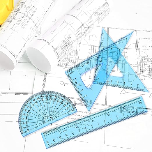 Coopay 6 Inch Math Geometry Tool Plastic Ruler Square Set Includes Straight Ruler, Triangles, Protractor for Student School Office Supplies (Blue)