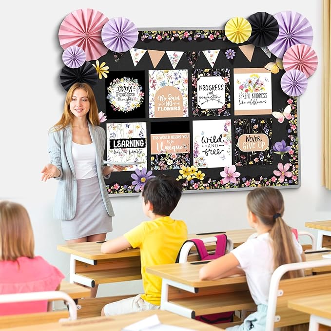 Pajean 62 Pcs Wildflower Classroom Bulletin Board Decorations with 3D Paper Fans Inspirational Posters Cutouts Floral Positive Bulletin Board Set Motivational for School Classroom Home Decorations