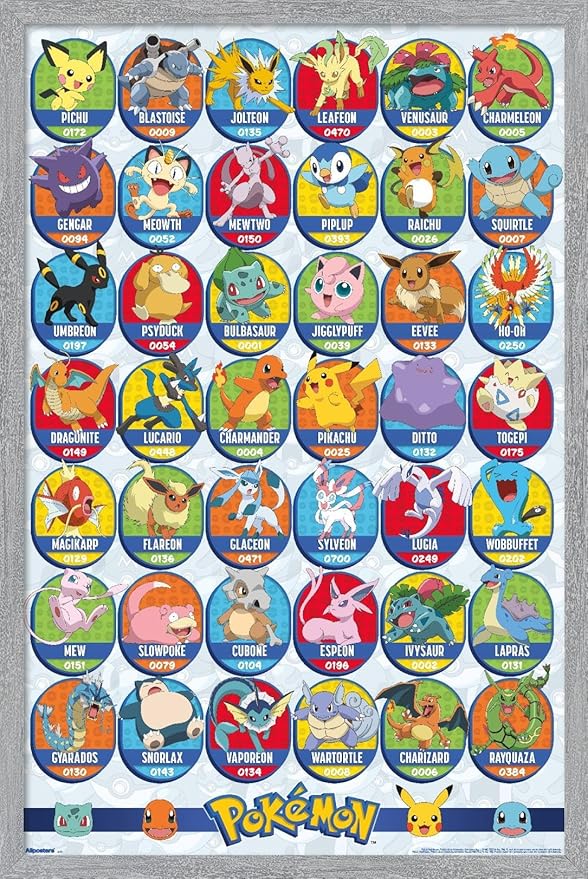 Pokémon: All-Time Favorites - Grid Wall Poster, 22.4L" x 14.7W", Gray Framed Version