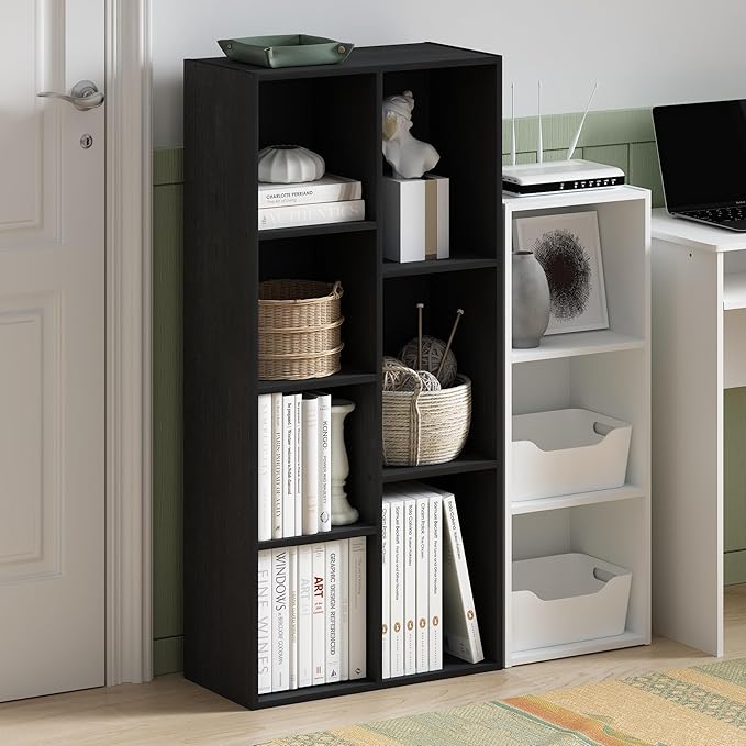 Furinno LUDER Book Shelf, 7-Cube Bookshelf, Bookcase, 9.4 x 19.5 x 41.7, for Living Room, Bedroom, Home Office, Blackwood