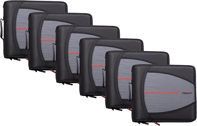 Case-it Mighty Zip Tab School Zipper Binder | 3-Inch O-Rings, 600-Sheet Capacity, 5-Subject Expanding File Folder, Multiple Pockets & Storage Organizer, Shoulder Strap | D-146 Jet Black | 6 Pack