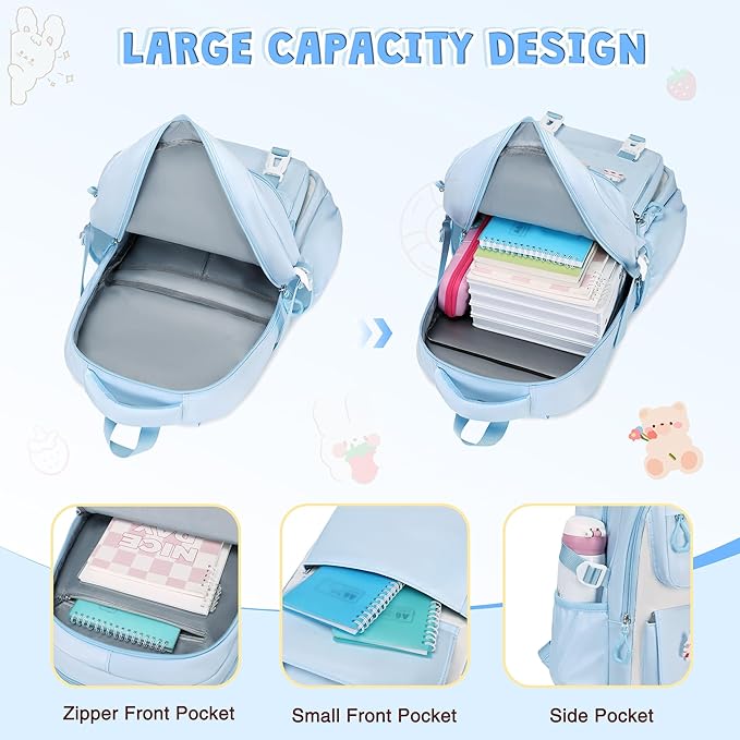 3PCS Girls Backpack for School, Kids Backpack for Girls with Lunch Box Pencil Case Set for Teen Girl Elementary Primary Middle High College School Bookbag with Cute Pins (Blue)