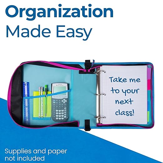 The Universal Zipper Binder - 2" O-Rings - Padded Pocket Holds up to 13 Inch Laptop/Tablet - Multiple Pockets - 400 Page Capacity - Comes with Shoulder Strap - Monster Design Magenta LT-307-ME-MAG