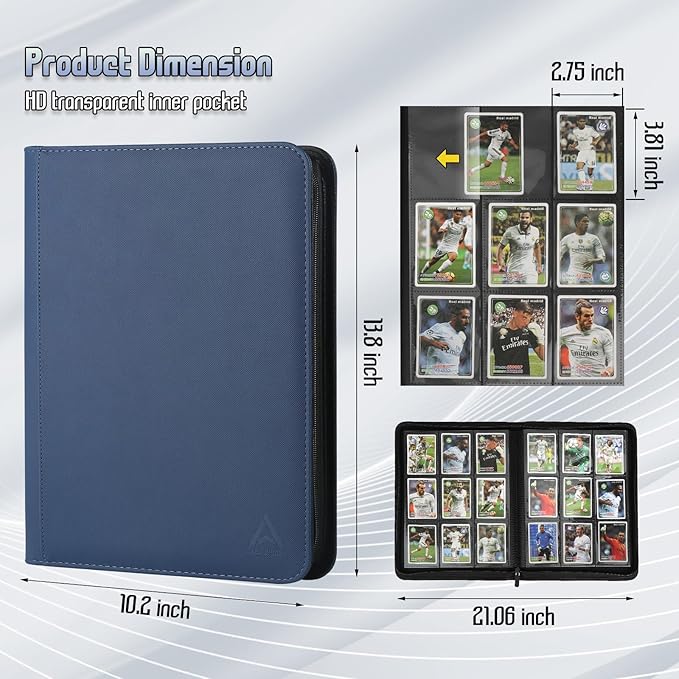 9 Pocket Card Binder - 540 Capacity with Zip Closure Premium, Double-Sided,Sturdy & Sleek PU Leather Protector for MTG, TCG, Sport & Collectible Cards (blue)