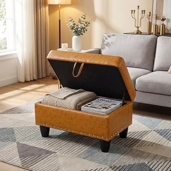 Simple Deluxe Ottoman with Storage Bench Chair, 28.5"L x 19.5"W x 17.5"H Foot Rest Stools with Synthetic Leather,Ottoman Storage Chest Box with Padded Seat for Bedroom, Living Room, Entryway,Yellow