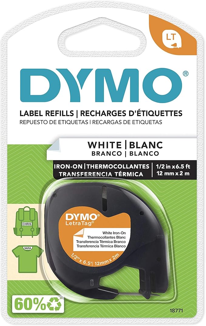 DYMO 18771 LT Iron-On Fabric Labels, 1/2-Inch x 6.5-Foot Roll, Black Print on White, Iron On, for LetraTag Printers