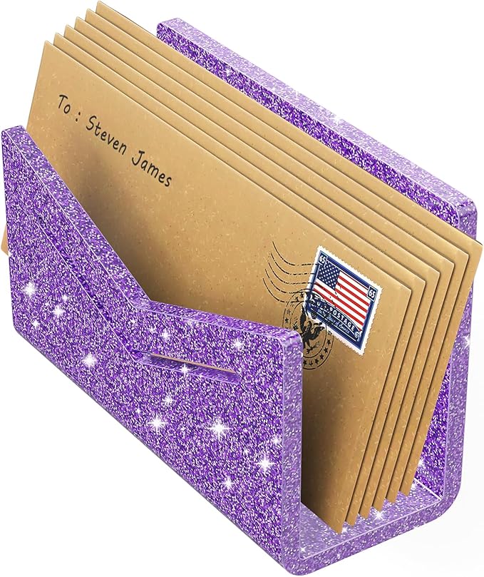 Beego Envelope and Mail Organizer Countertop - Glitter Purple Acrylic Desk Organizer Letter Holder Desktop File Sorter Bill Document Folder Rack for Office, Home, School Desk Organization