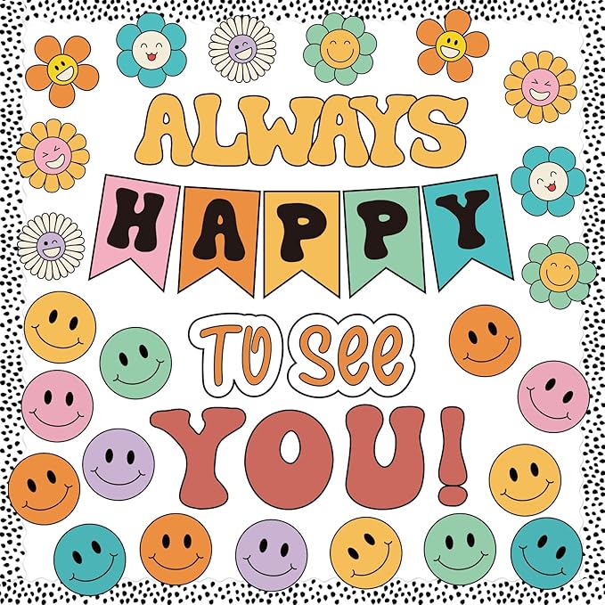 63 Pcs Groovy Bulletin Board Decorations Set Retro Smiley Face Classroom Decor with Black Dots Border Trims for Back to School Classroom Wall Door Decor