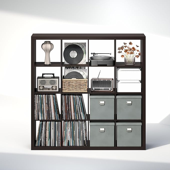 Furinno Cubicle Record Player Stand with Vinyl Storage, 16-Cube Vinyl Record Storage, 1.65" Triple Thick Open Back Media Shelf for CD DVD Blueray Game, for Living Room, Home Office, Black Dark Oak
