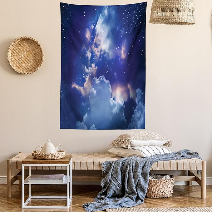 Ambesonne Space Tapestry Queen Size, Magic Sky View with Star and Clouds Celestial Colorful World Cosmic Expanse Theme, Wall Hanging Bedspread Bed Cover Wall Decor, 88" X 88", White and Blue