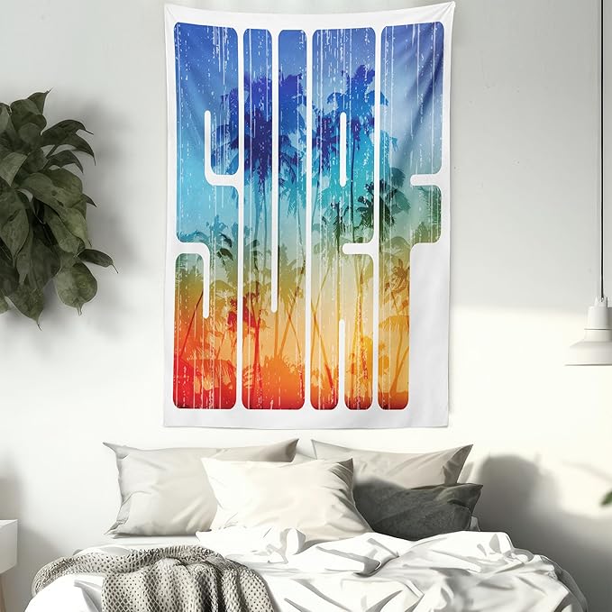 Ambesonne Surf Tapestry, Summer Theme Retro Letters That Reflect the Seacoast Palm Tree Extreme Sports Art, Fabric Wall Hanging Decor for Bedroom Living Room Dorm, 23" X 28", Navy Orange