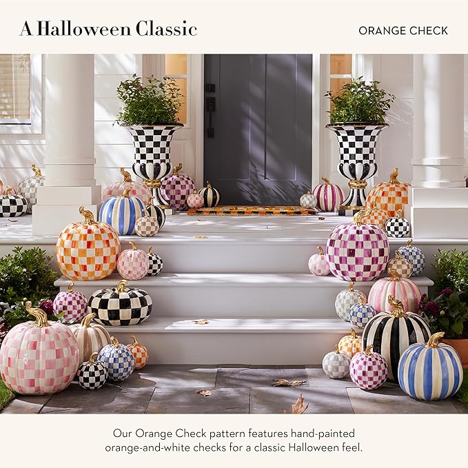 MACKENZIE-CHILDS Mini Pumpkin, Resin Halloween Home Decor, Orange-and-White Orange Check