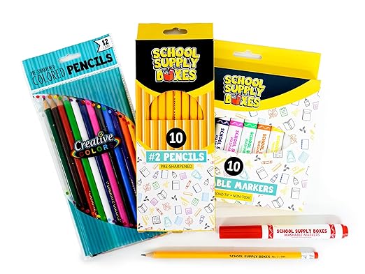 Back to School Supply Box Grades K-5 - School Supply Boxes - 32 Piece School Supplies Kit Includes Markers, Crayons, Pencils, Scissors, Folders, Glue Sticks, Notebook, and Composition Book