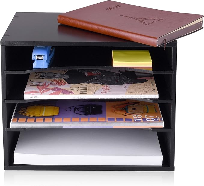 EMERIT Paper Organzier Wood Desktop Organizer Storage Letter Tray File Sorter with Adjustable Shelves for Home Office