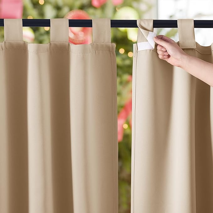 NICETOWN 2 Panels Patio Outdoor Curtainss 95 inch Long Waterproof for Exterior Space, Home Fashion Thermal Insulated with Detachable Tab Top Room Darkening Drapes for Cabana, 84" W, Biscotti Beige