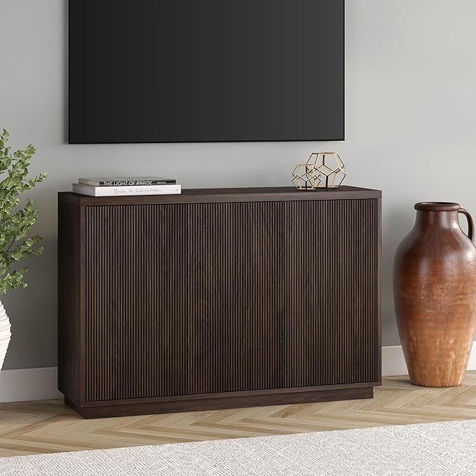 Henn&Hart 48" Fluted Sideboard Buffet Cabinet, Ribbed Wooden Credenza with 3 Doors, Adjustable Shelves, and Cable Management Cut-Outs for Dining Room, Kitchen, Living Room or Entryway, Warm Brown