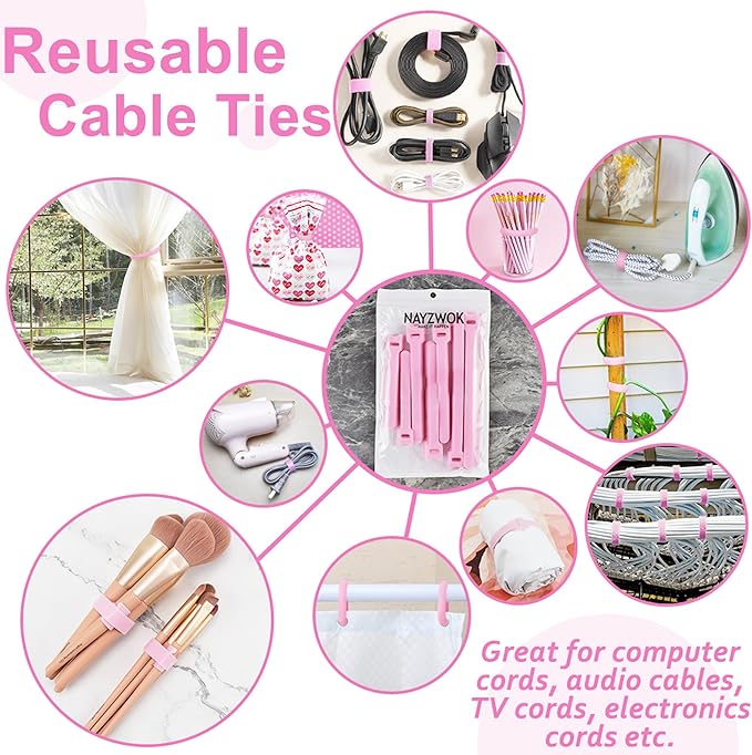 70pcs Cable Ties Reusable Pink Wire Ties Cable Management Cord Ties Reusable for Electronics Hook and Loop Cable Ties for Computer 4 6 8 Inch