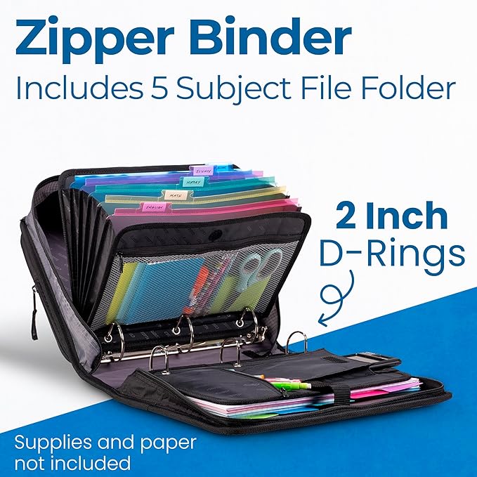 Case-it The Dual 2.0 2-in-1 Zipper Binder | Two 2-Inch D-Rings, 700 Sheet Capacity, 5-Subject Expanding File Folder, Multiple Pockets & Storage Organizer, Shoulder Strap | Dual-301 Black | 6 Pack