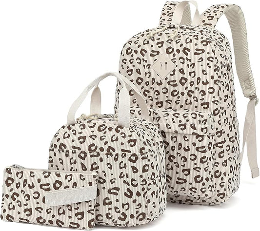 Corduroy Girls Backpack Set, 3PCS School Backpacks for Kids Elementary Middle School Bags with Lunch Box Pencil Case (Beige Corduroy Leopard)
