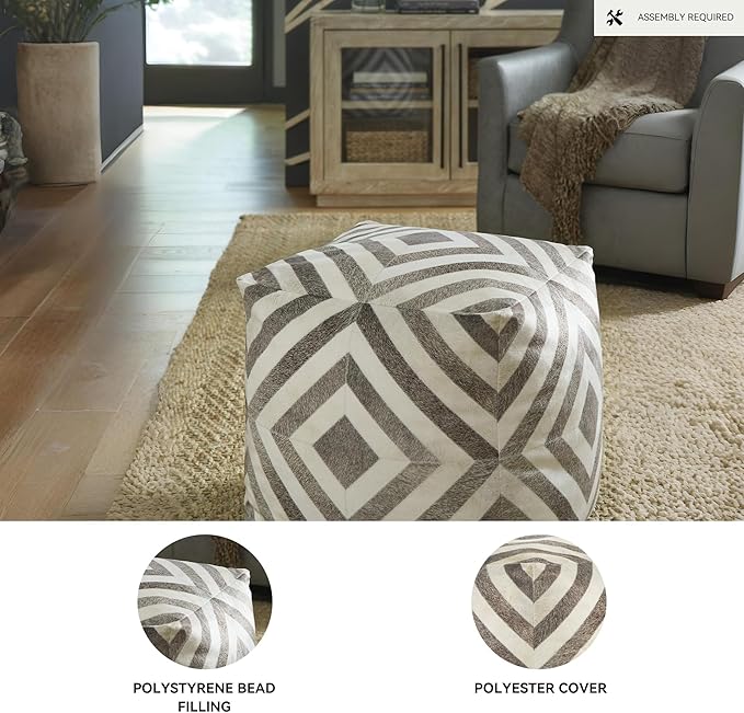 Signature Design by Ashley Hartselle Casual Geometric Patterned Pouf 18 x 18 Inches, Beige & Light Brown