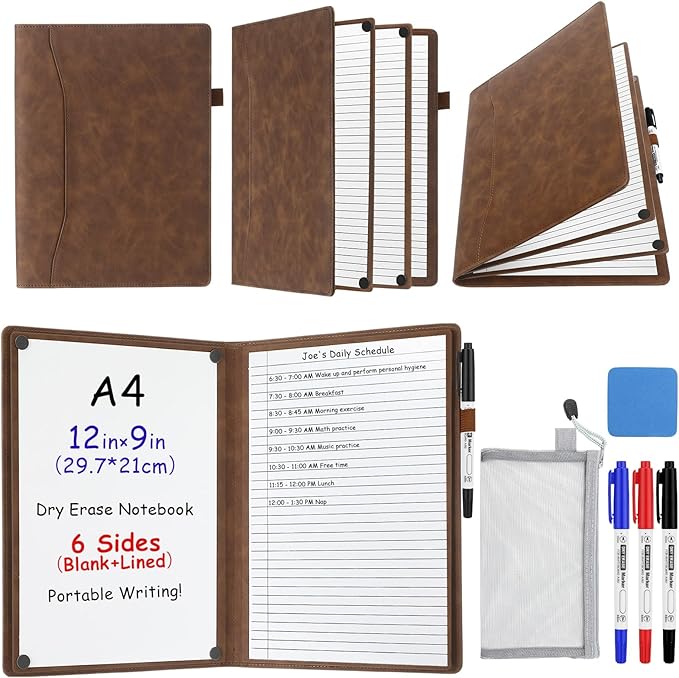 6 Sides Dry Erase Notebook Portable Whiteboards Notebook Small Reusable College Ruled Lined Board Folding Mini Travel Dry Erase White Board for Office Study (Brown,A4: 9 x 12 Inches)