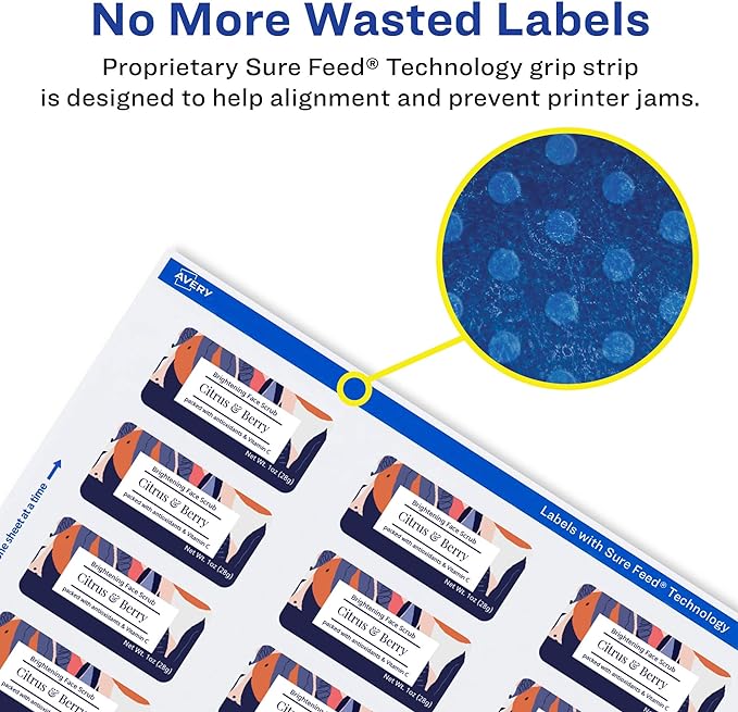 Avery Glossy White Rectangle Labels, Sure Feed Technology, 1-1/4" x 2-3/8", 180 Glossy White Labels, Print-to-The-Edge, Permanent Adhesive, Laser/Inkjet Printable