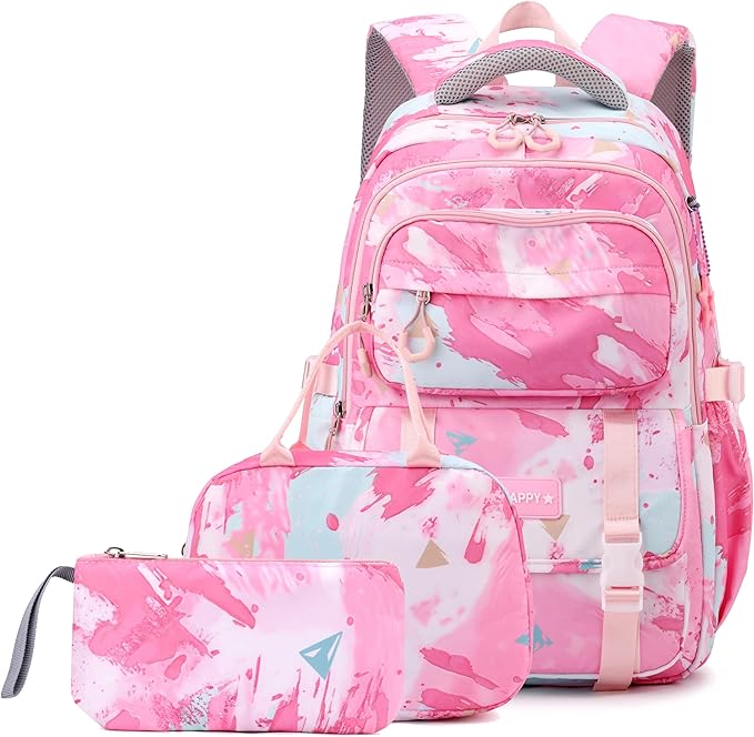 3Pcs Backpack for Girls Kids Backpacks with Lunch Box Elementary Middle High School Backpacks Students Bookbag Set School Bags for Teens Girls (Pink)