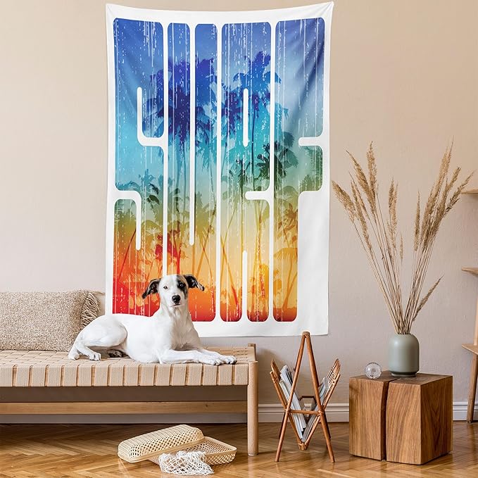 Ambesonne Surf Tapestry, Summer Theme Retro Letters That Reflect the Seacoast Palm Tree Extreme Sports Art, Fabric Wall Hanging Decor for Bedroom Living Room Dorm, 23" X 28", Navy Orange