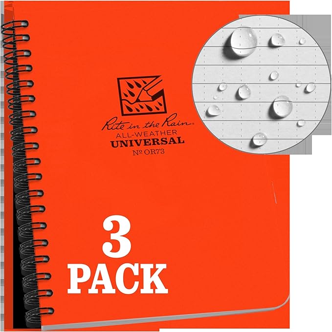 Rite in the Rain Weatherproof Side Spiral Notebook, 4.625" x 7", Orange Cover, Universal Pattern, 3 Pack (No. OR73L3)