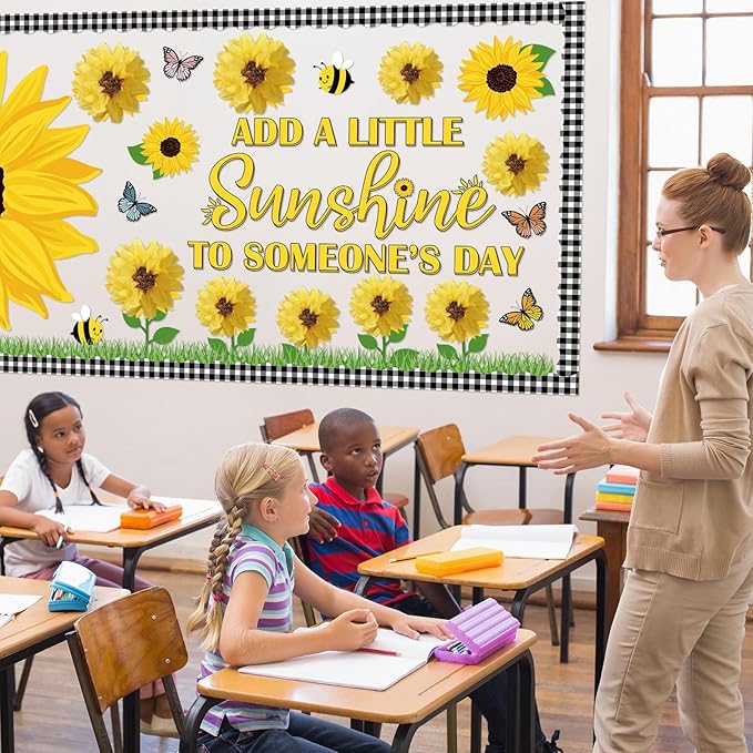Pasimy Spring Bulletin Board Decorations 3D Sunflower Bulletin Board Set Bee Classroom Decor Honeycomb Butterfly Flower Cutouts Spring Borders for Home Office Wall Door Window Supplies(Sunflower)