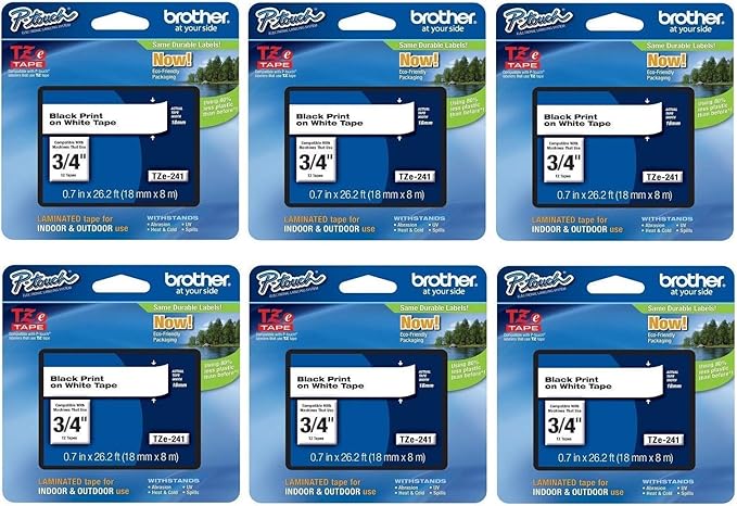 Brother Genuine P-Touch 6-Pack TZe-241 Laminated Tape, Black Print on White Standard Adhesive Laminated Tape for P-Touch Label Makers, Each Roll is 0.7"/18mm (~ 3/4") Wide, 26.2 ft. (8M) Long